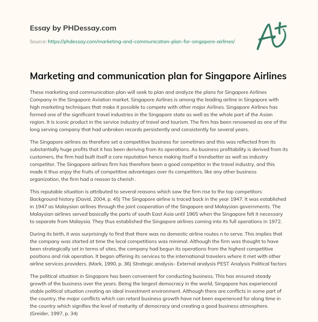 Marketing and communication plan for Singapore Airlines essay