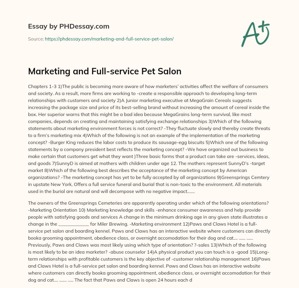 Marketing and Full-service Pet Salon essay