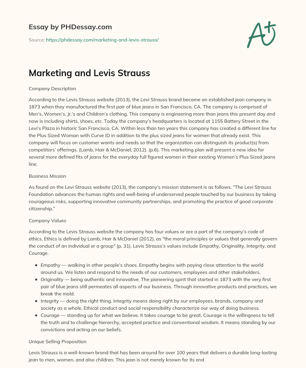 Marketing and Levis Strauss essay