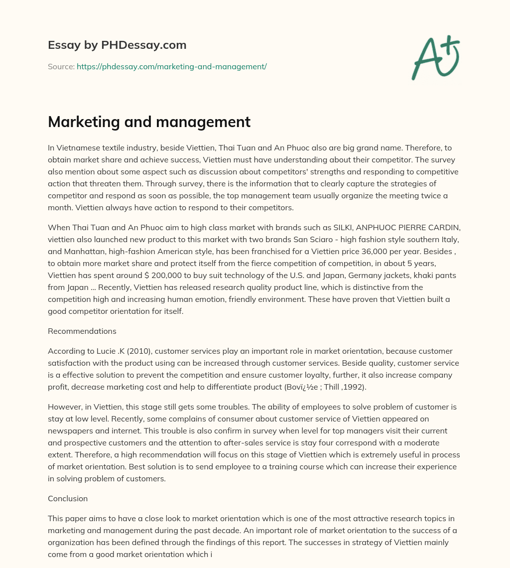 Marketing and management essay