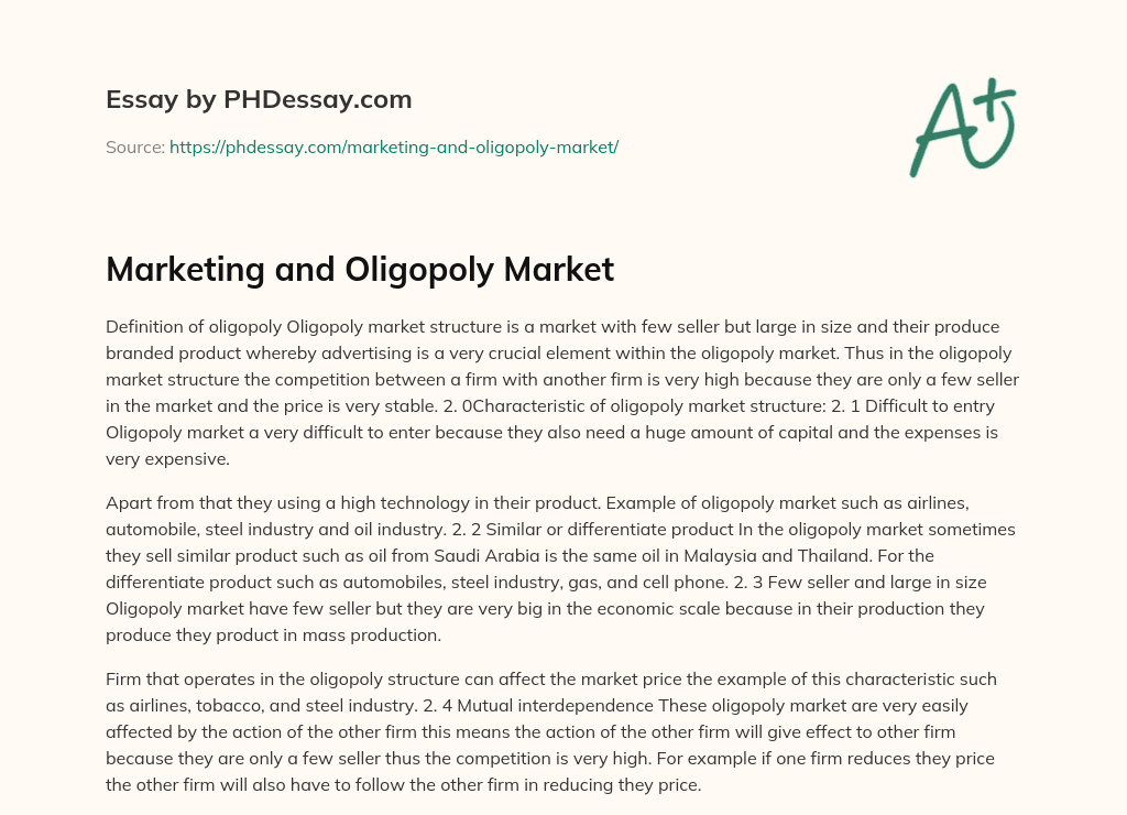 Marketing and Oligopoly Market essay