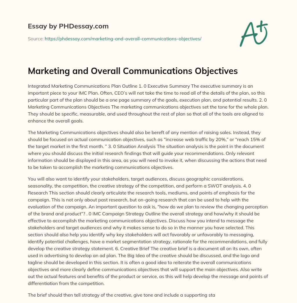 Marketing and Overall Communications Objectives essay