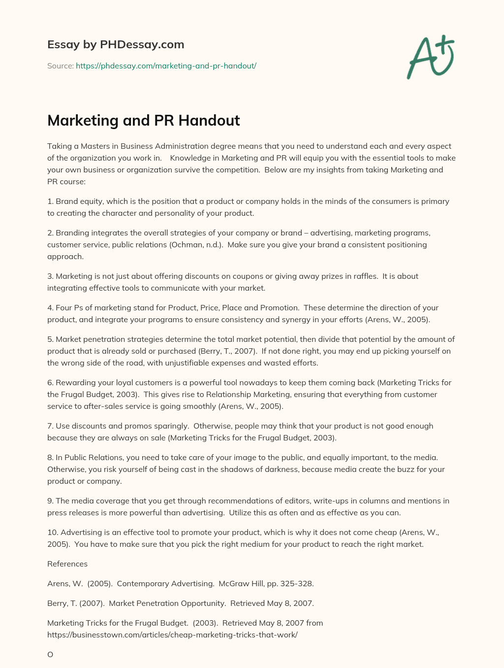 Marketing and PR Handout essay