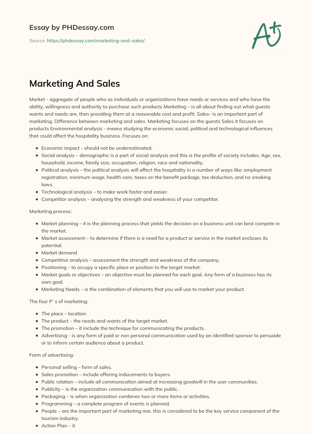 Marketing And Sales essay