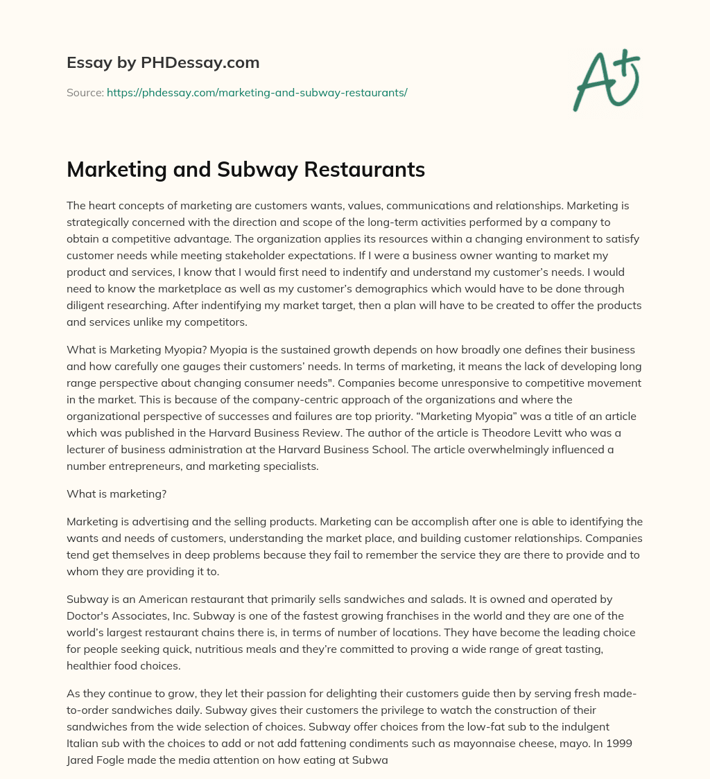 Marketing and Subway Restaurants essay