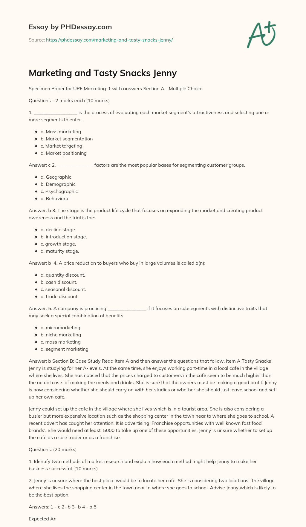 Marketing and Tasty Snacks Jenny essay