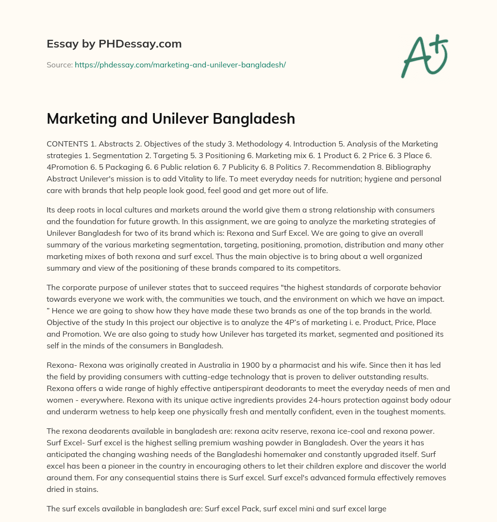 Marketing and Unilever Bangladesh essay