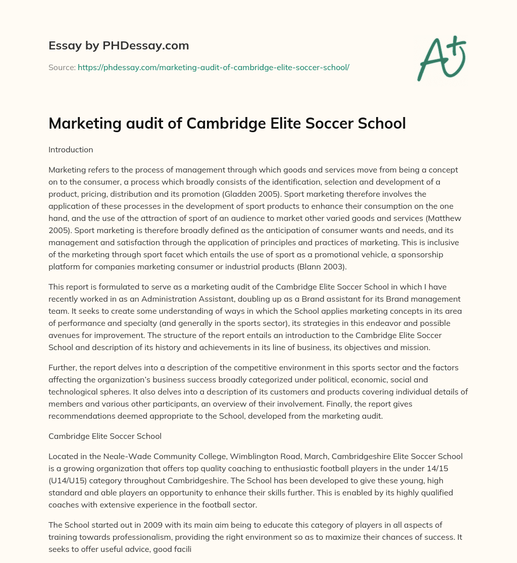 Marketing audit of Cambridge Elite Soccer School essay