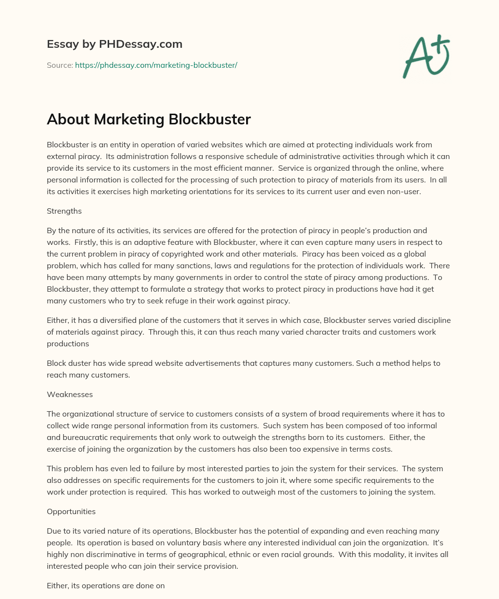 About Marketing Blockbuster essay