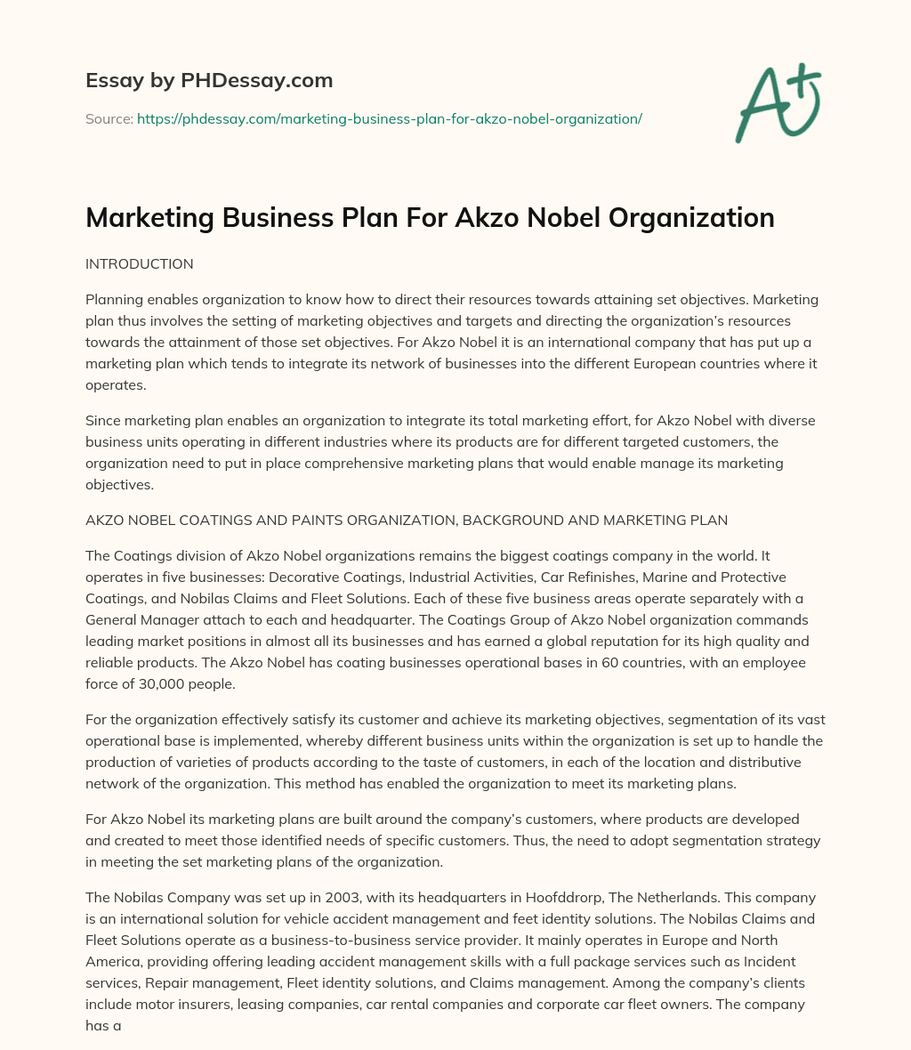 Marketing Business Plan For Akzo Nobel Organization essay