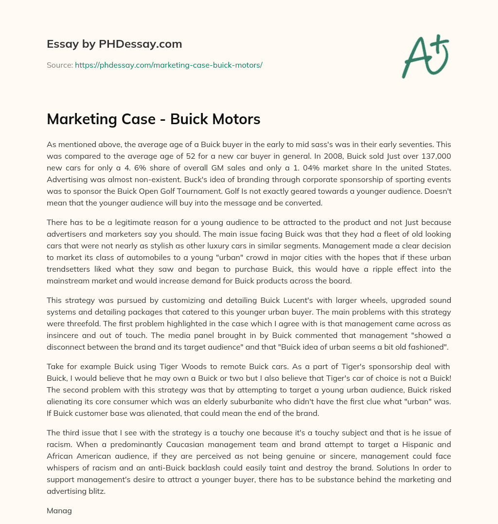 Marketing Case – Buick Motors essay