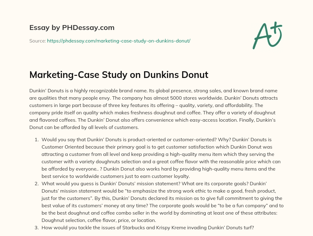 Marketing-Case Study on Dunkins Donut essay