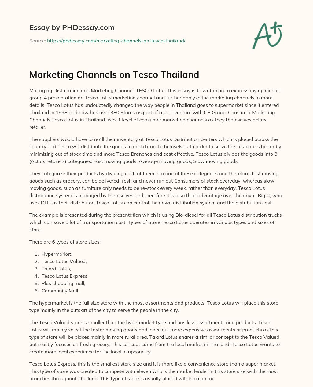 Marketing Channels on Tesco Thailand essay