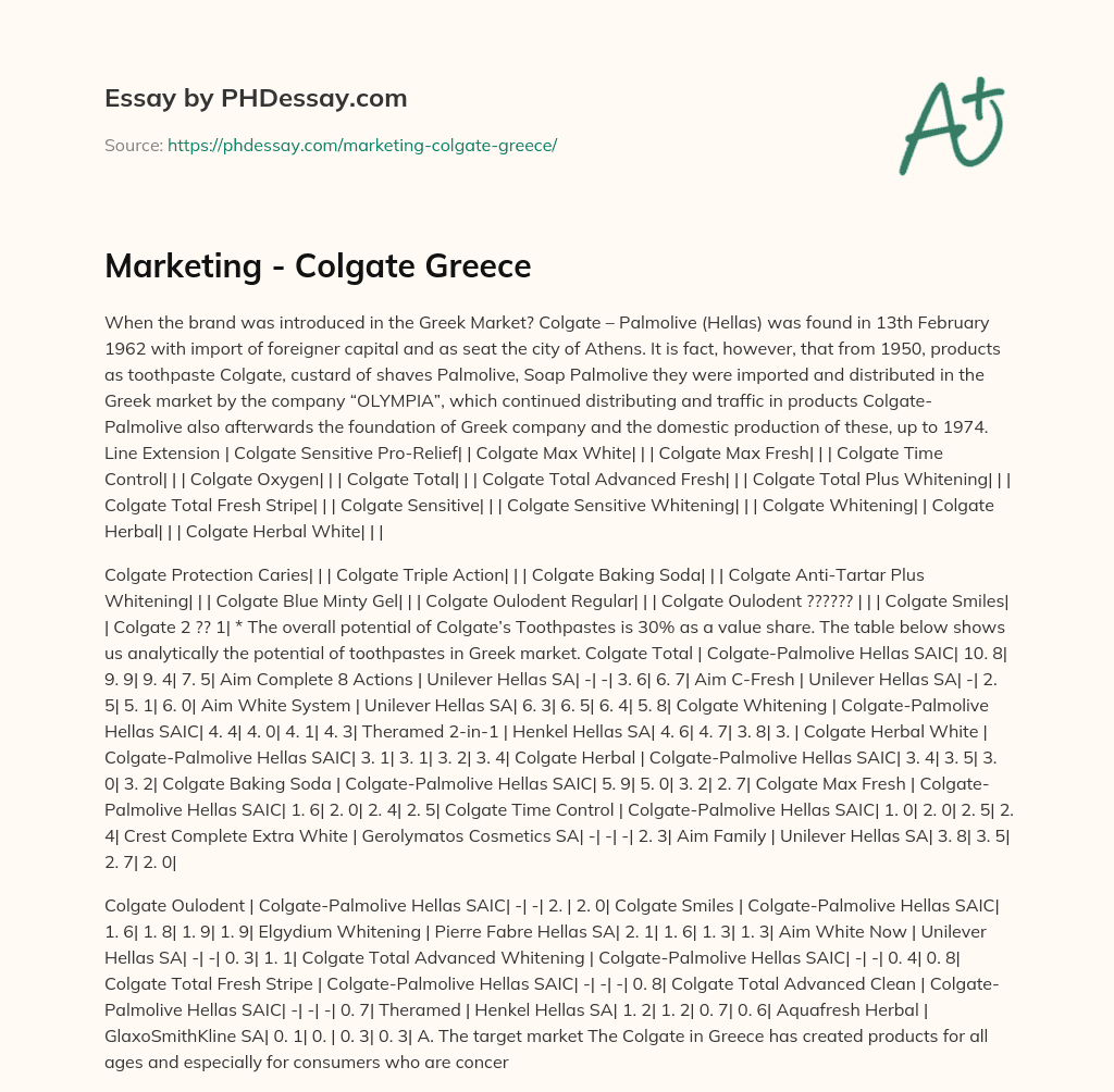 Marketing – Colgate Greece essay