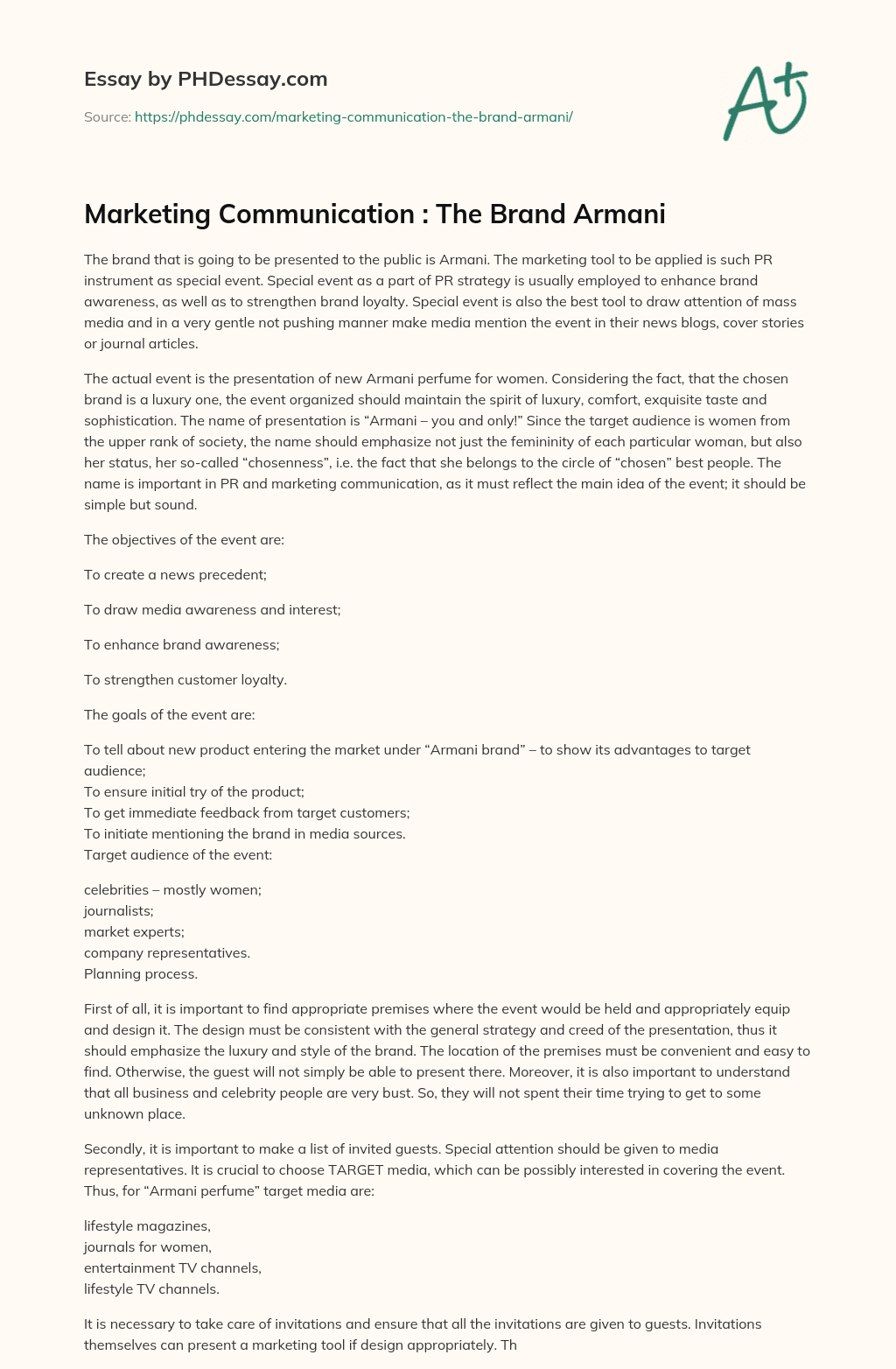 Marketing Communication : The Brand Armani essay