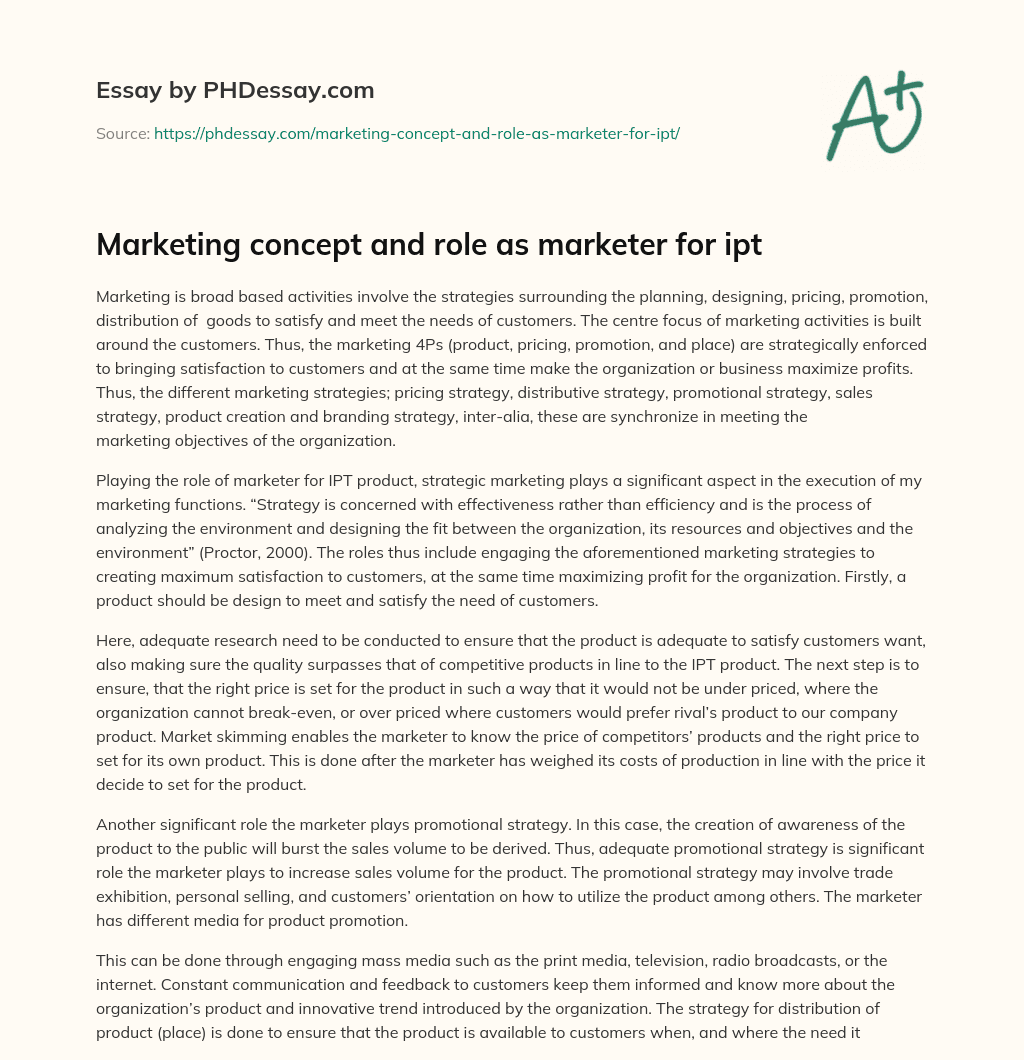 Marketing concept and role as marketer for ipt essay