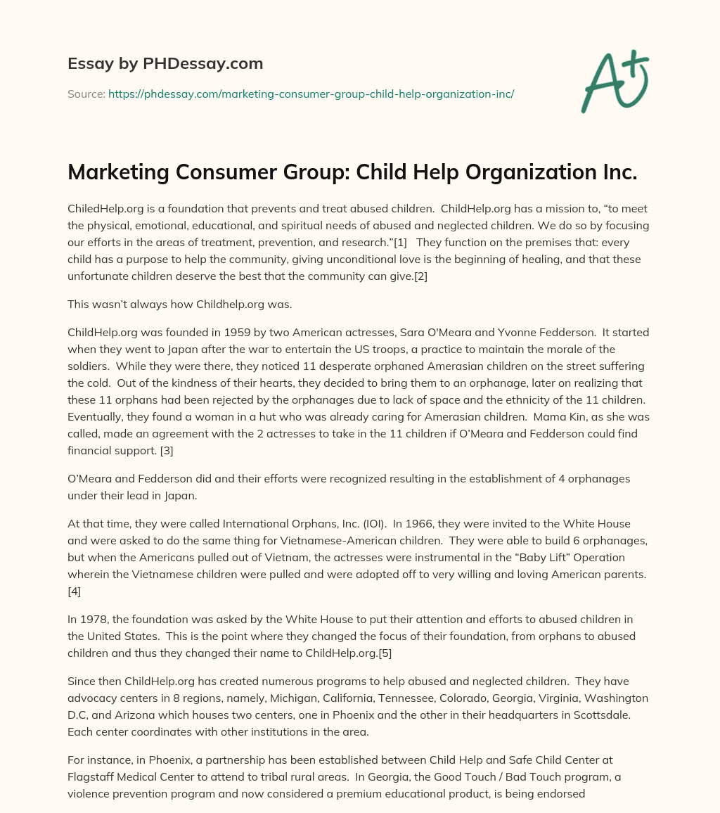 Marketing Consumer Group: Child Help Organization Inc. essay