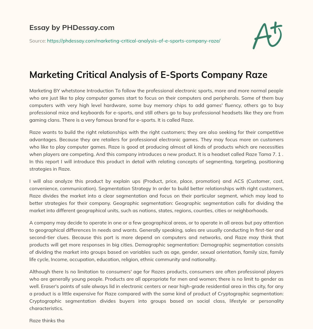 Marketing Critical Analysis of E-Sports Company Raze essay