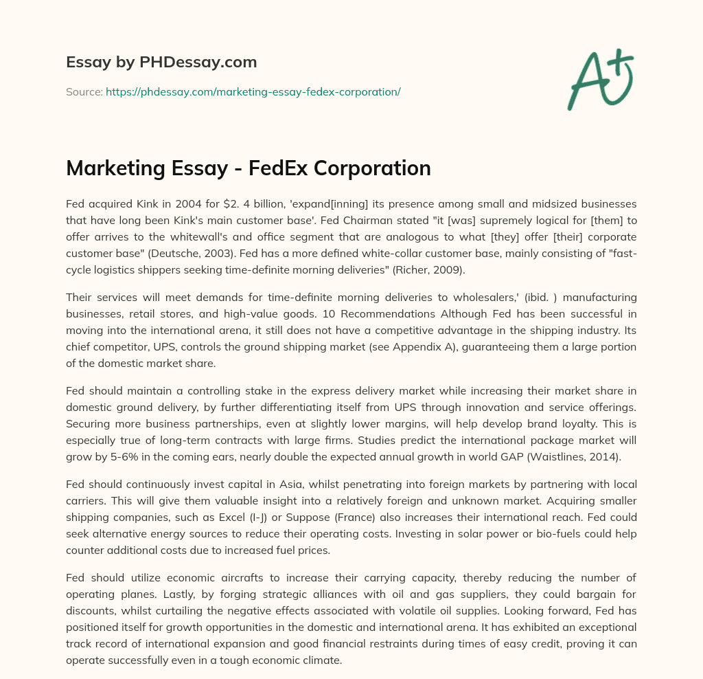 Marketing Essay – FedEx Corporation essay