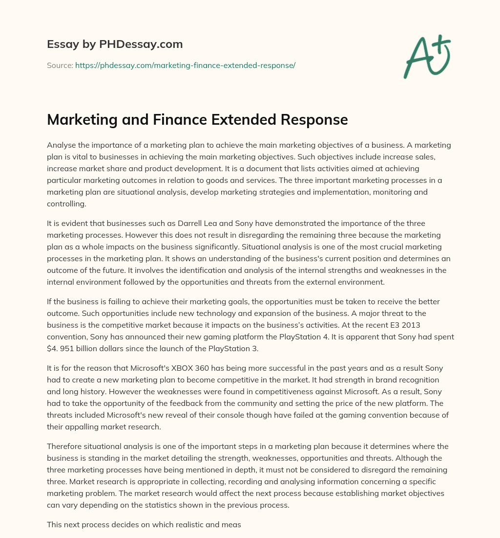 Marketing and Finance Extended Response essay