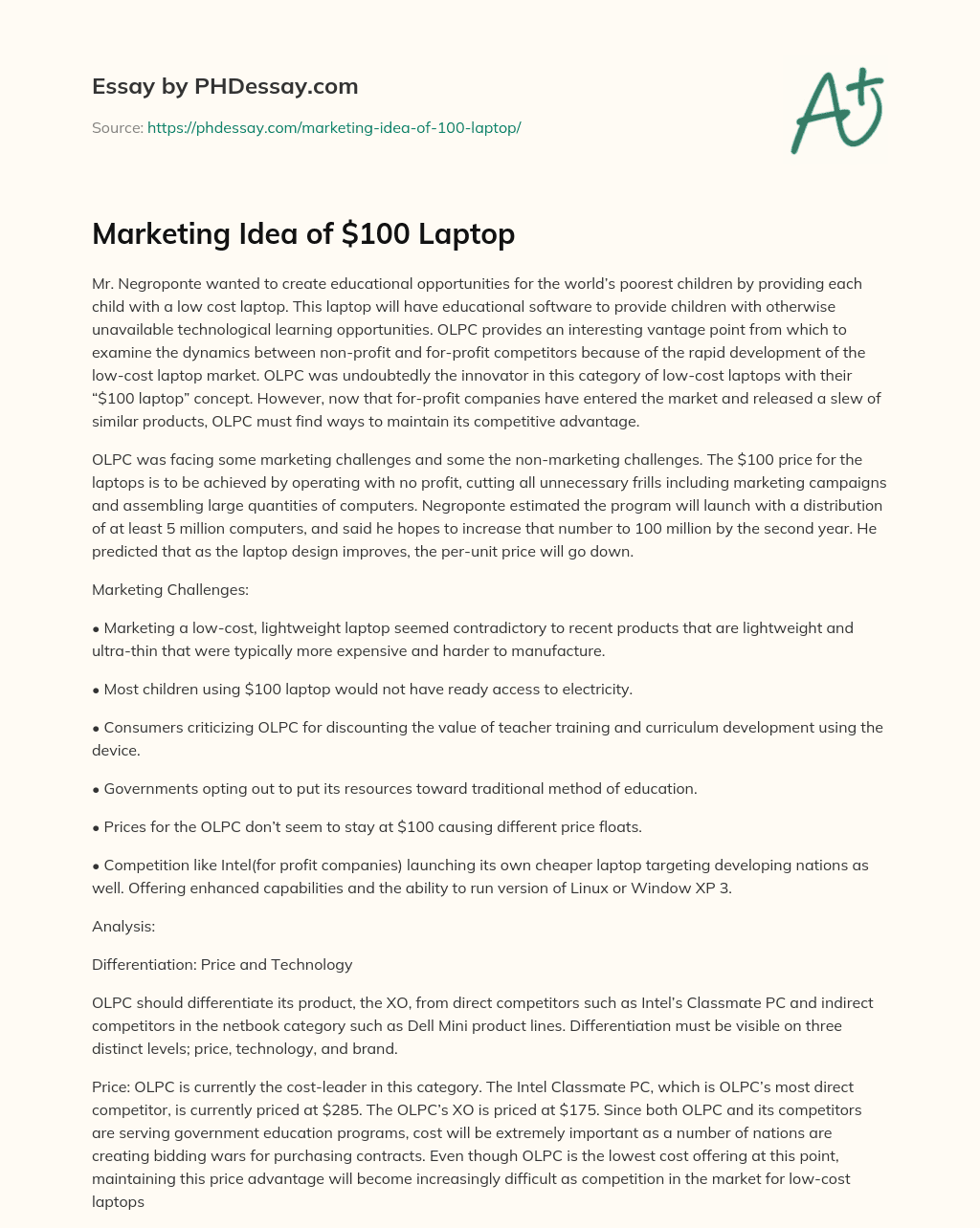 Marketing Idea of $100 Laptop essay