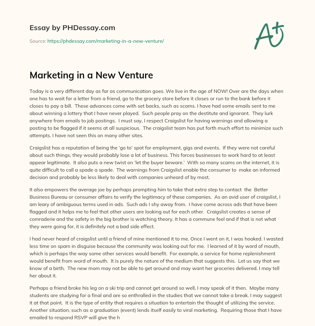 Marketing in a New Venture essay