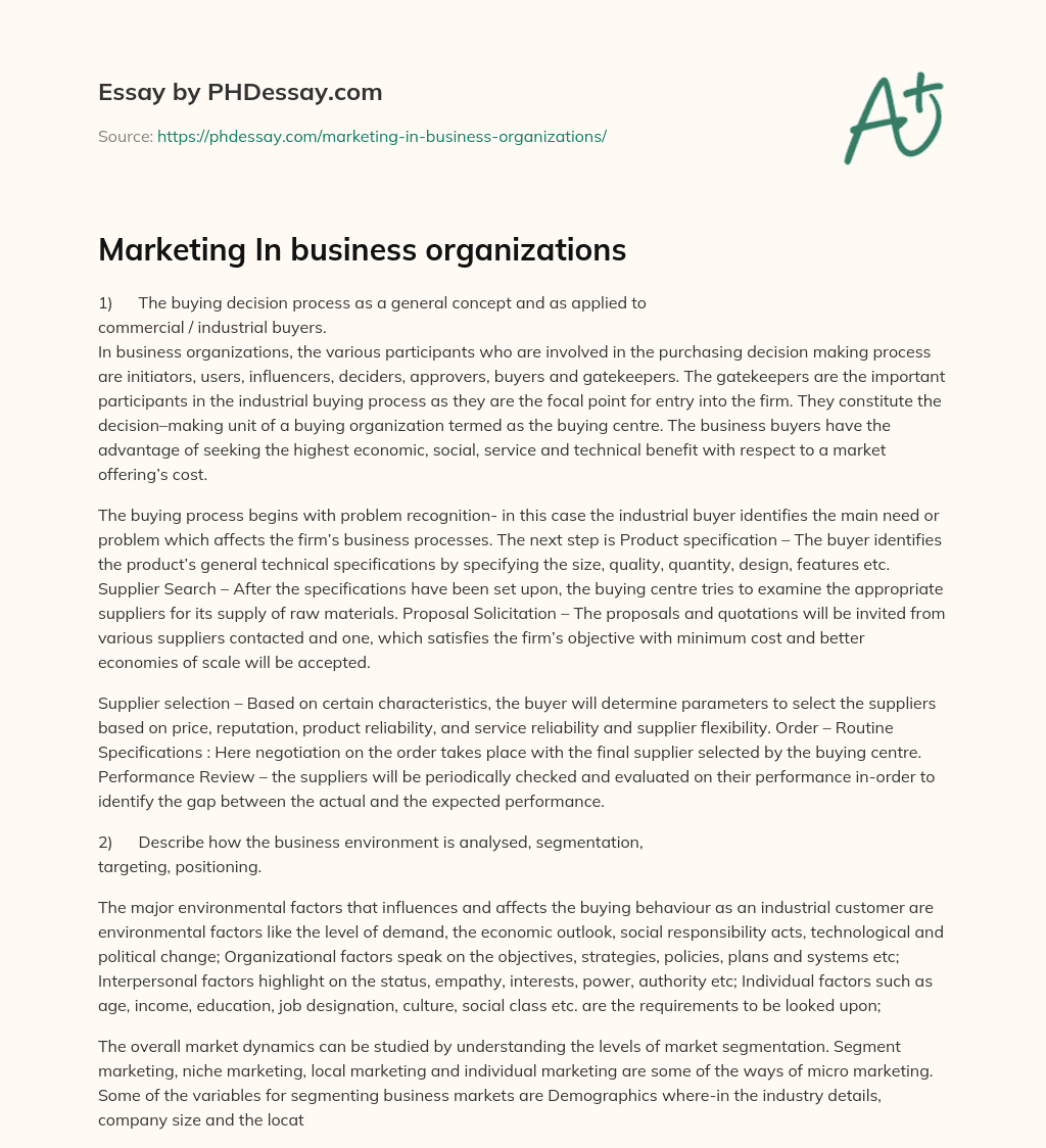 Marketing In business organizations essay