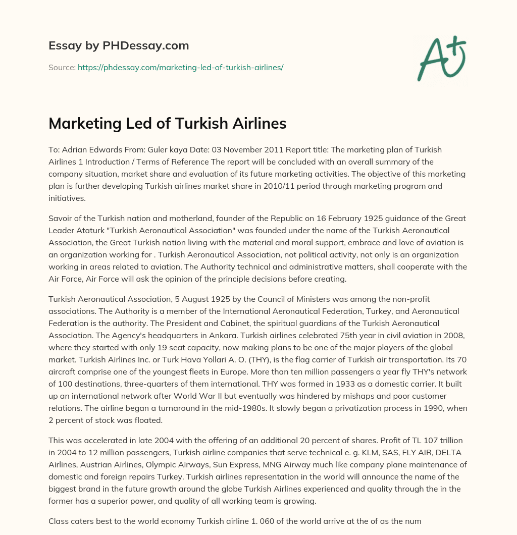 Marketing Led of Turkish Airlines essay
