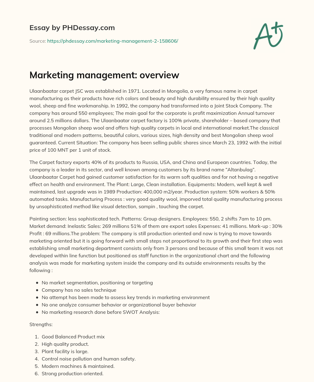 Marketing management: overview essay