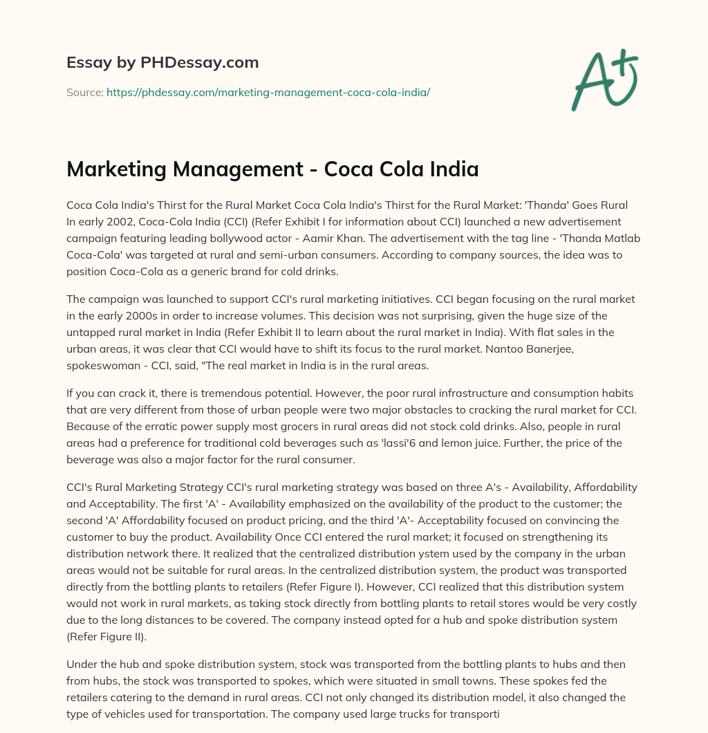 Marketing Management – Coca Cola India essay