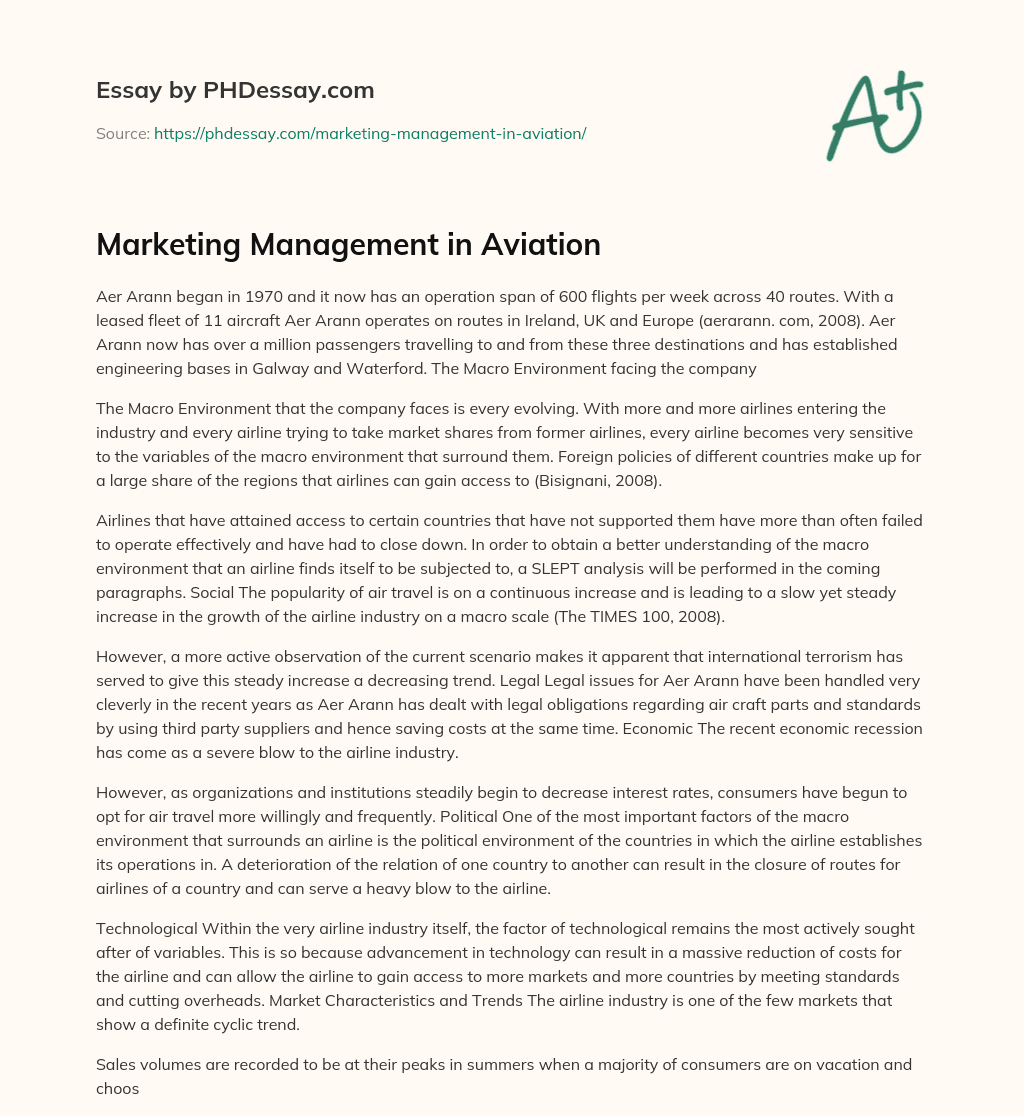 Marketing Management in Aviation essay
