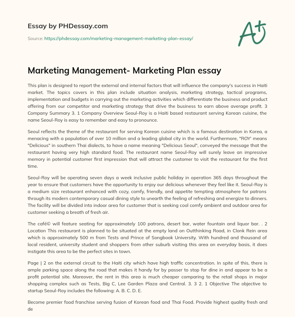 Marketing Management- Marketing Plan essay essay