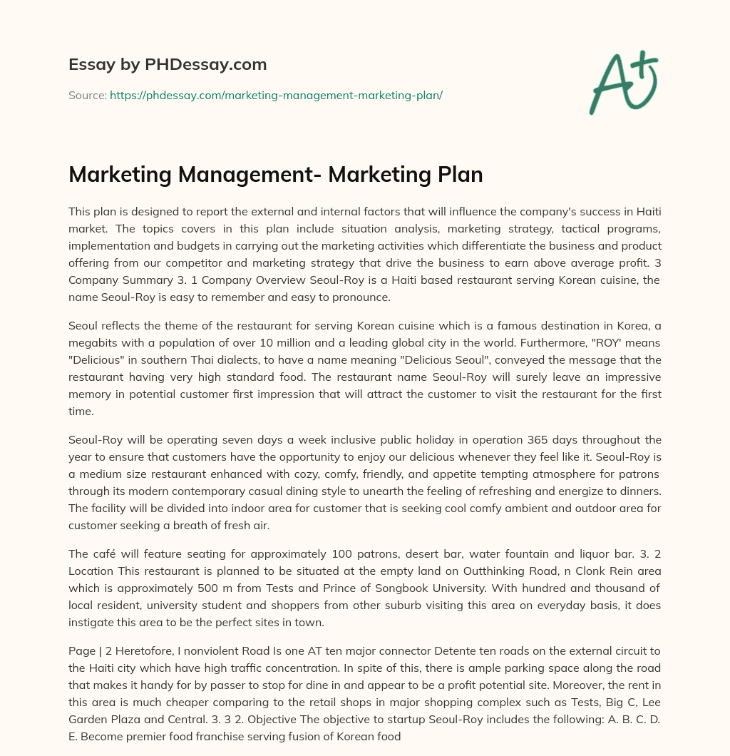 Marketing Management- Marketing Plan essay