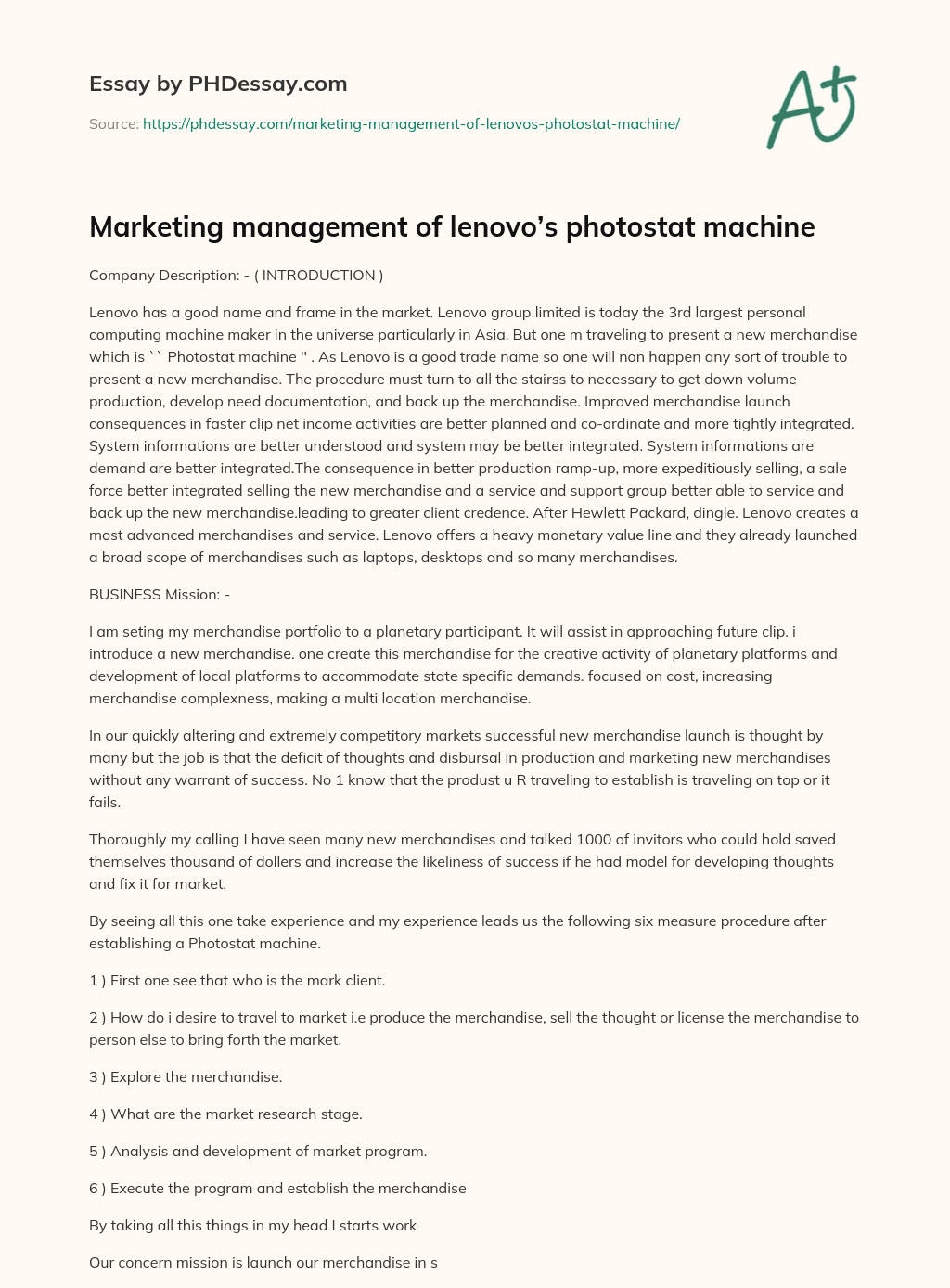 Marketing management of lenovo’s photostat machine essay