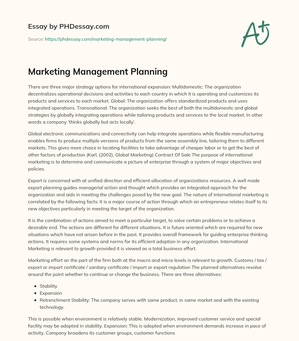 Marketing Management Planning essay