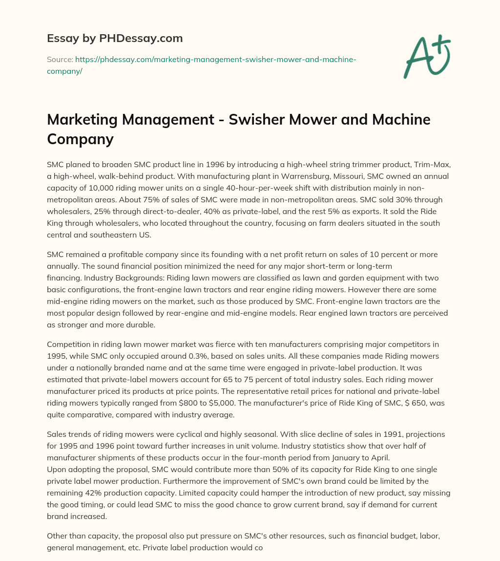 Marketing Management – Swisher Mower and Machine Company essay