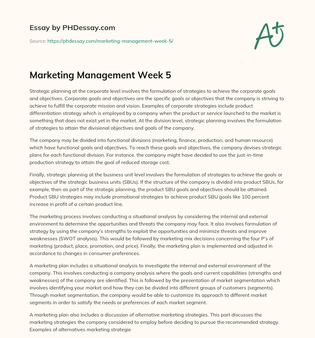 Marketing Management Week 5 essay