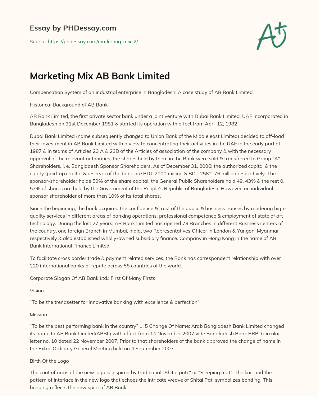 Marketing Mix AB Bank Limited essay