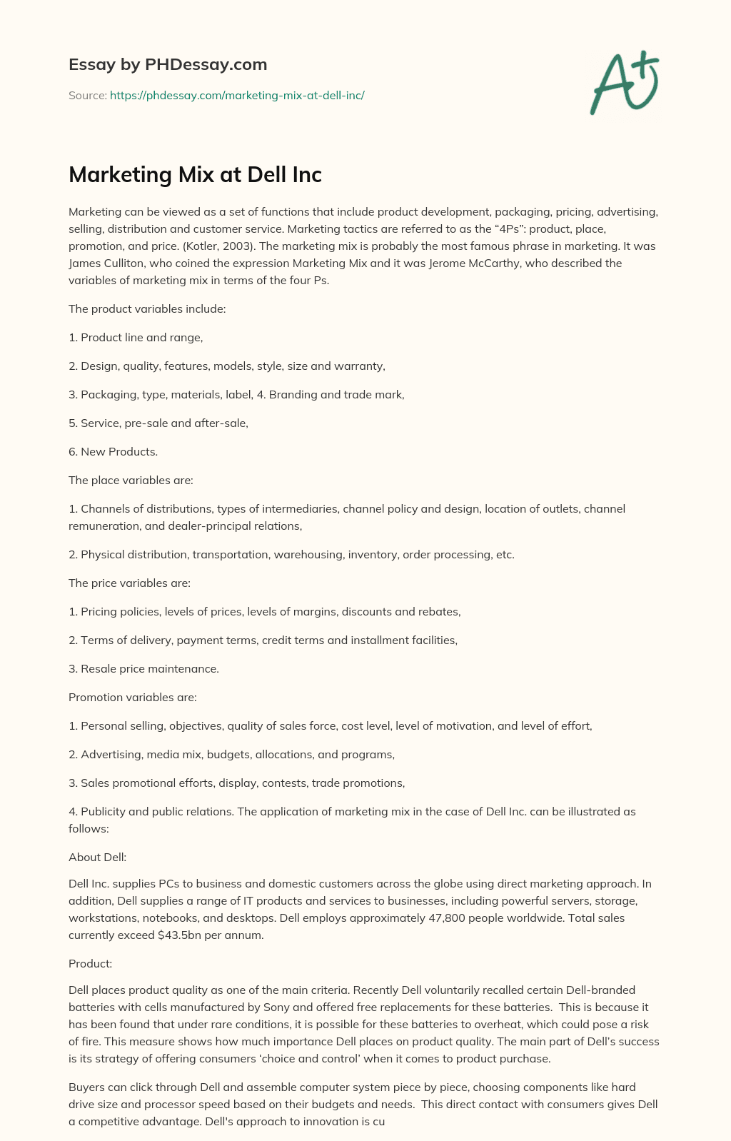 Marketing Mix at Dell Inc essay