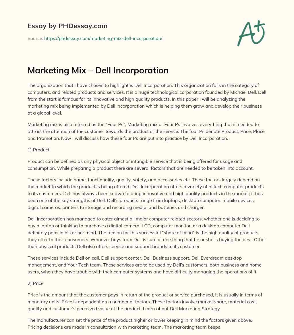Marketing Mix – Dell Incorporation essay