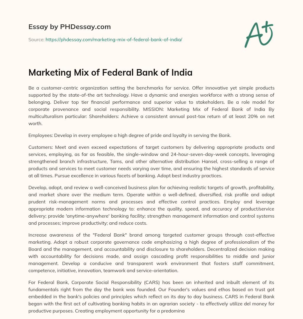 Marketing Mix of Federal Bank of India essay