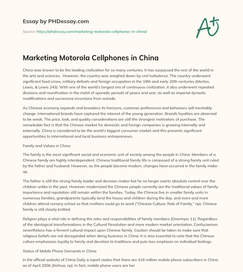 Marketing Motorola Cellphones in China essay