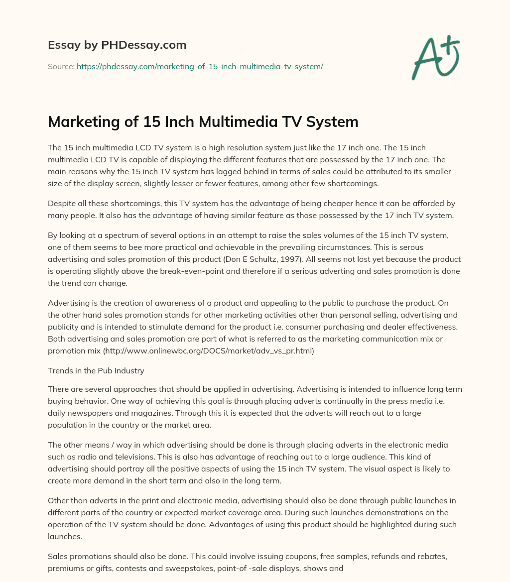 Marketing of 15 Inch Multimedia TV System essay