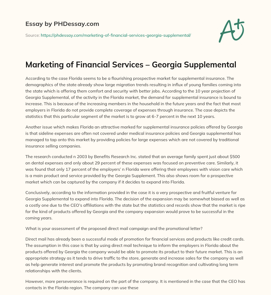 Marketing of Financial Services – Georgia Supplemental essay
