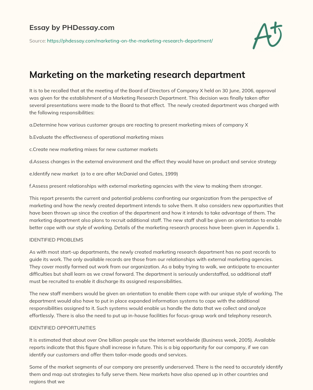 Marketing on the marketing research department essay