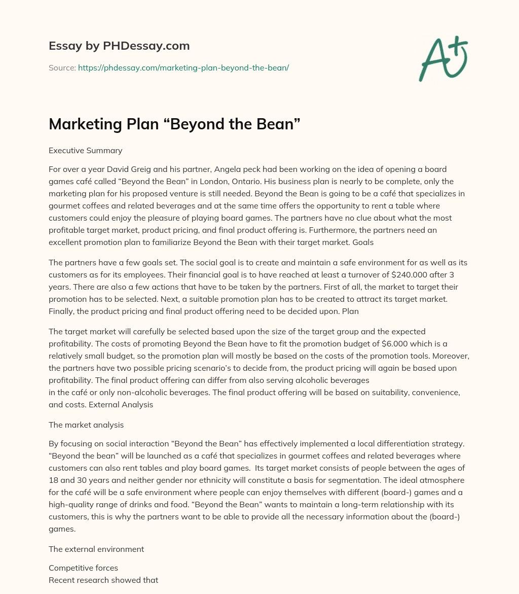 Marketing Plan “Beyond the Bean” essay