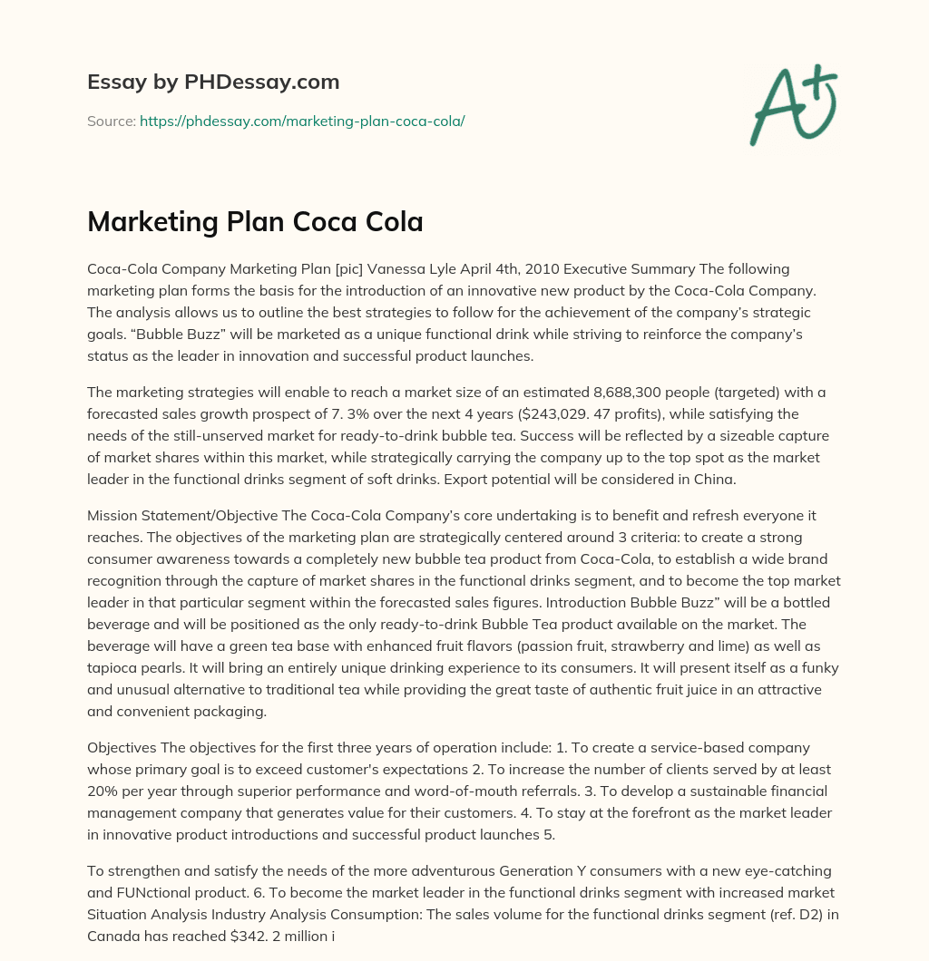 Marketing Plan Coca Cola essay