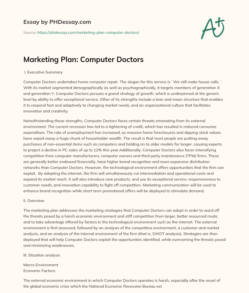 Marketing Plan: Computer Doctors essay