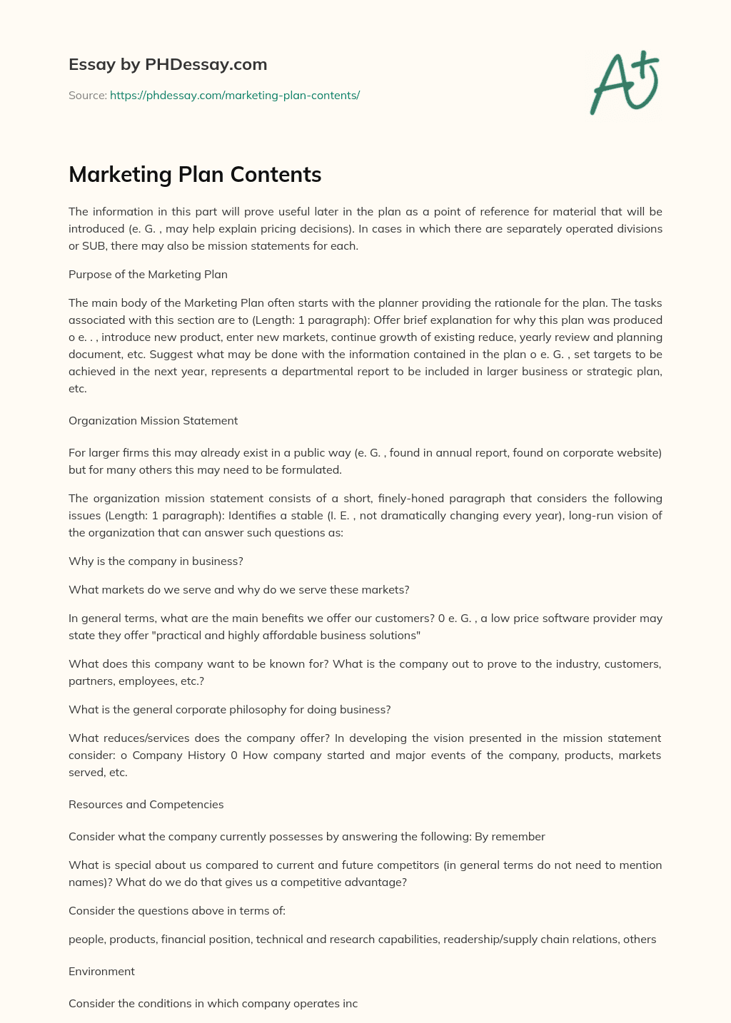 Marketing Plan Contents essay