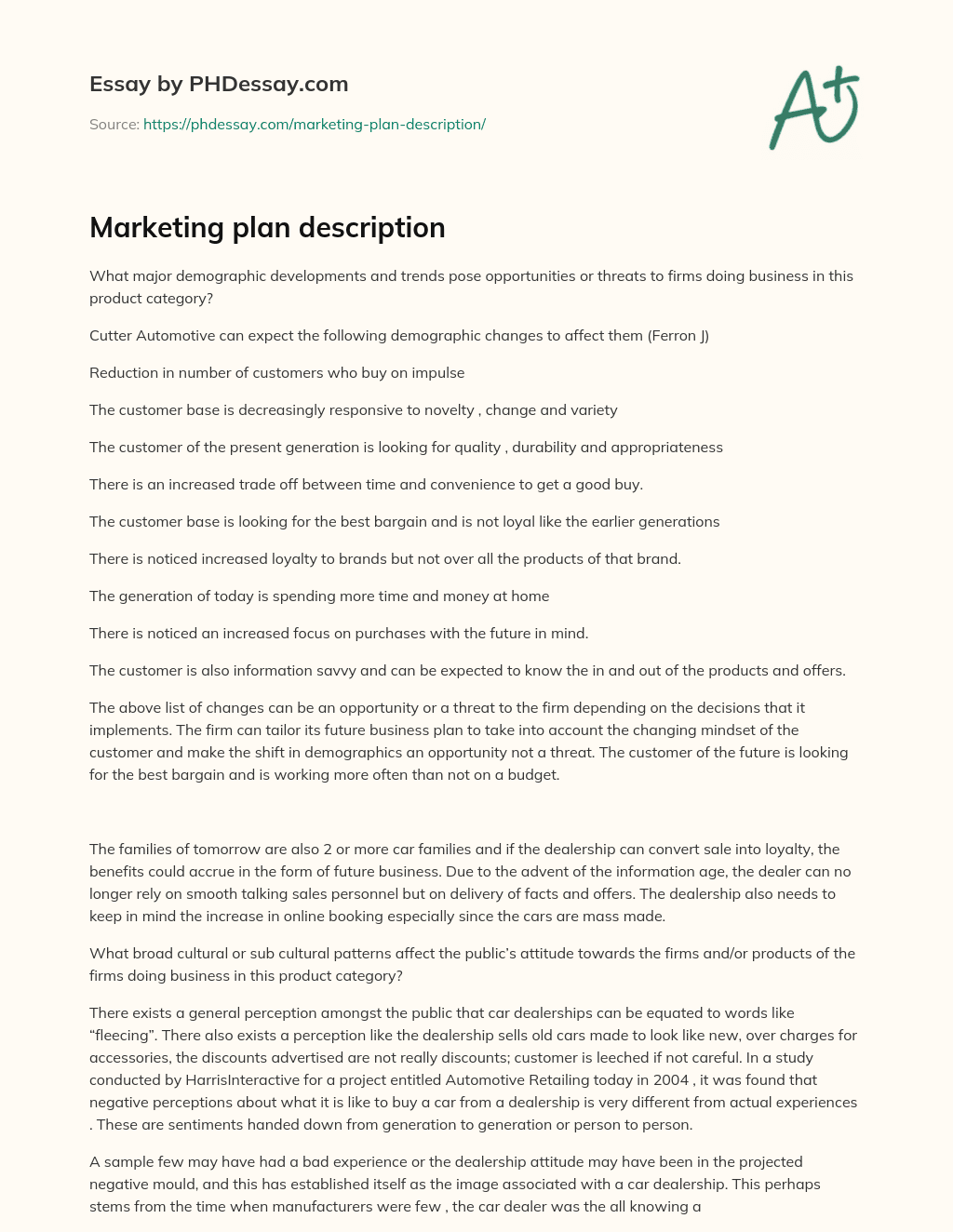Marketing plan description essay
